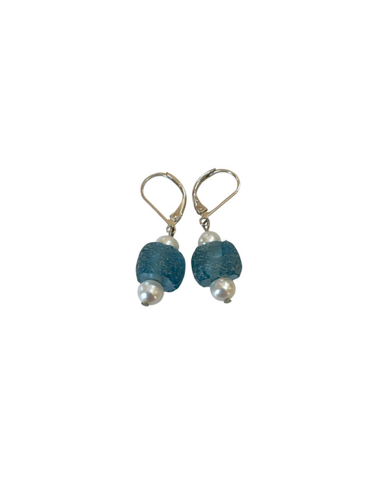 African Recycled Glass and Pearl Earring