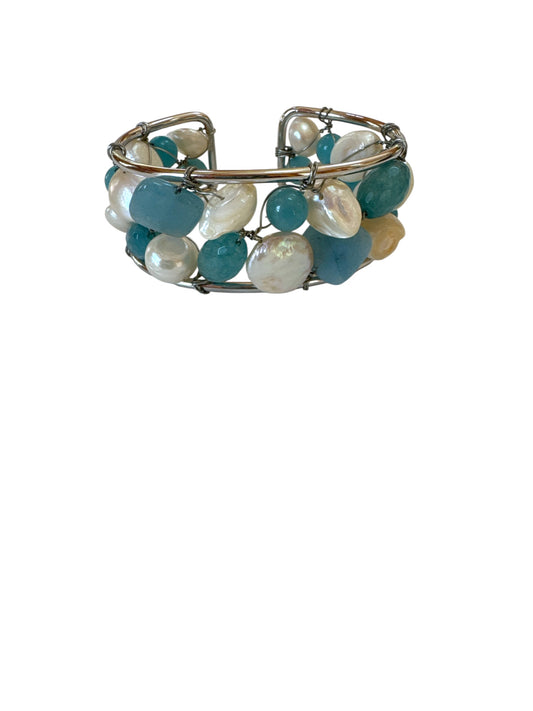 Blue Agate and Pearl Stack Bracelet