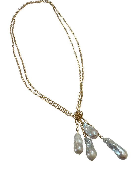Two Strand Gold Chain and Baroque Pearl Lariat