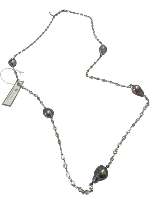 CZ Stainless Chain with Organic Grey  Baroque Pearl Necklace