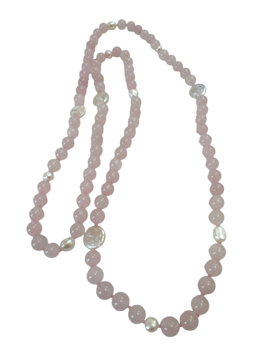 Rose Quartz and Coin Pearl Long Necklace