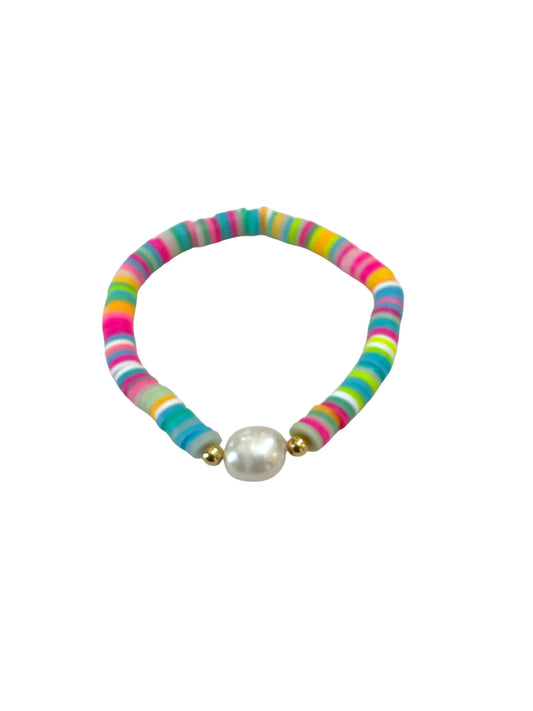 Colorful Stretch Puka Bead and Pearl Bracelet