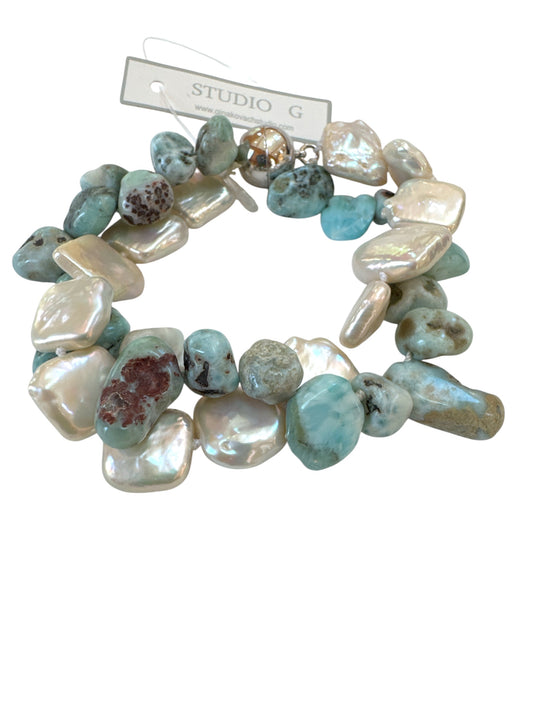 Larimar and Biwa Pearl Twist Bracelet