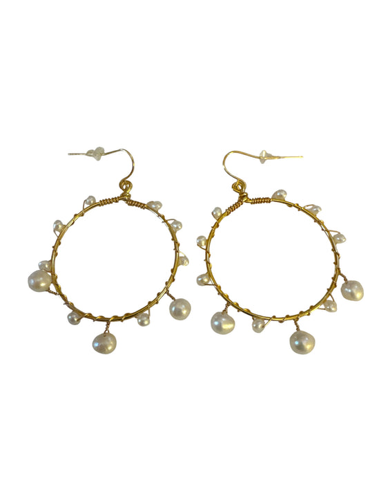 Drop Gold Hoop with Multi Pearls