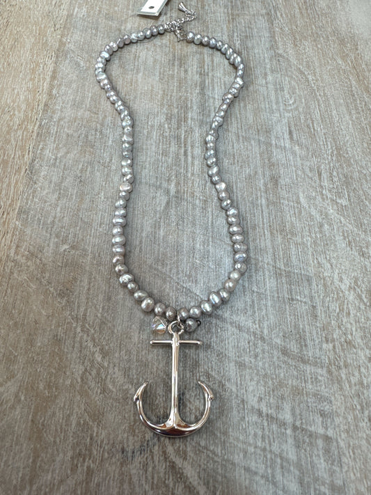 Freshwater Grey Seed Pearl Necklace with Anchor Pendant