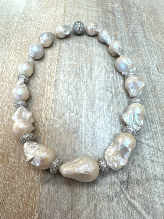 Large Baroque Pearl Necklace with Pave CZ Bead